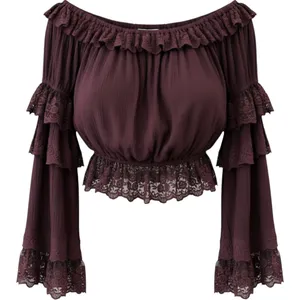 Earthbound Top M Wine Lace Tiered Ruffle Bell Sleeve Off Shoulder Fairycore thumbnail 1
