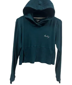 Hurley Ribbed Turquoise Long Sleeve Hooded Cropped Shirt Kangaroo Pocket Medium thumbnail 8