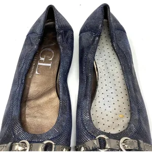 AGL Ballerina Flat‎ Shoes Cap Toe Metallic Patent Leather Navy Blue Size 8.5 thumbnail 7