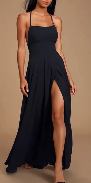 Lulus Black Sparkly Chiffon Maxi Dress Small Square Neck Open Back Side Slit thumbnail 1