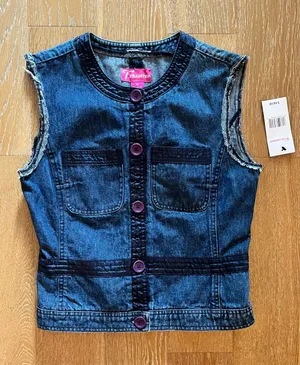 Tradition Dark Blue Denim Sleeveless Vest with Purple Buttons new with tag thumbnail 1