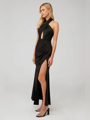 ELLIATT Brynn Black Satin Halter Cutout Maxi Gown Womens XS EUC thumbnail 3