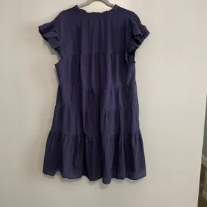Boston Proper Tiered‎ Mini Dress Women XL Navy Blue Smocked Ruffle Short Sleeve thumbnail 3