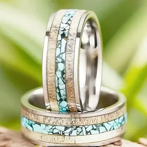 Men’s 8mm Stainless Steel Silver Deer Horn w/ Crushed Turquoise Inlay Band S 13 thumbnail 4