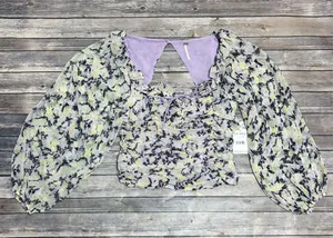 Free People Mabel Lilac Combo Purple Yellow Floral Sheer Puff Sleeve Top Large thumbnail 7