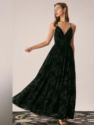Rihoas Black Floral Flocked Mesh Slit Maxi Dress thumbnail 2