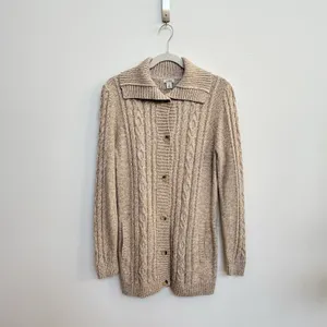 L.L. Bean Cable Knit Fisherman Cardigan Sweater Beige Cotton Button Front‎ M thumbnail 2