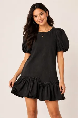 TCEC Washed Black Cotton Puff Sleeve Ruffle Drop Hem‎ Mini Dress S CD02190 thumbnail 1