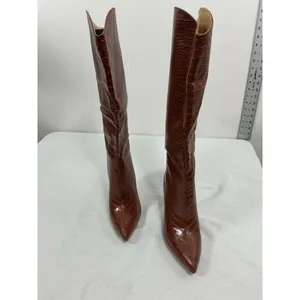 Womans Suedi Knee High Boots 7 Brown Croc Faux Leather Stiletto Pullon NWOT thumbnail 3