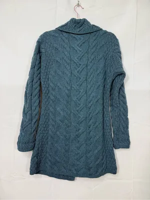 Aran Woollen Mills 3 Button Long Supersoft Merino Wool Cableknit Cardigan Blue thumbnail 4