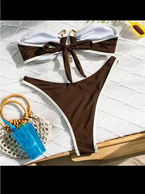 Brown Bandeau Bikini Set with White Trim NWT Size M thumbnail 2