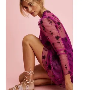 Free People XS Sheer Mesh‎ Floral Mini Dress Magenta Pink Long Sleeve Tunic thumbnail 2