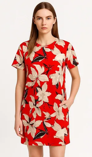Abercrombie & Fitch Women's Red Floral Crew Neck Short Sleeve Mini Shift Dress S thumbnail 1