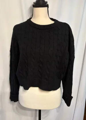 Arden B Black Cable-Knit Crewneck Cropped Coquettegirl Sweater Size L thumbnail 1