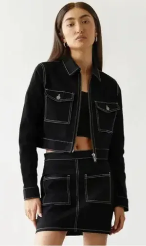 OAK + FORT Black White Contrast Stitch Cropped Cotton Jacket thumbnail 1