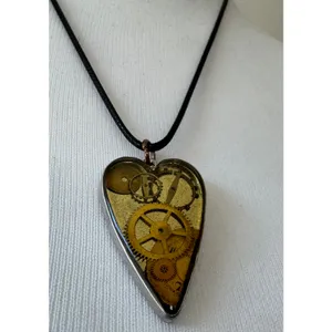 Retro Steampunk Resin Heart Clockwork Pendant Unisex Necklace w/ Black Cord thumbnail 3