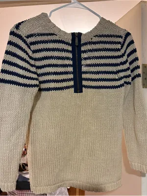 LOFT Cream Crewneck Sweater with Navy Stripes thumbnail 2