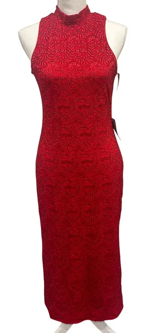 Dress the Population Nora Lace Halter Midi‎ Dress Red Black NWT Large Cocktail thumbnail 1