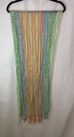 Charming Charlie Pastel Striped Knit Scarf Green Gray Peach Fringe Lightweight thumbnail 1