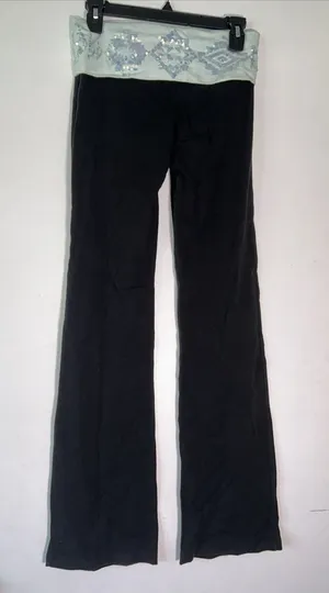 PINK Victorias Secret Yoga Pants Black Flare Sequin Foldover Waist Small Regular thumbnail 1