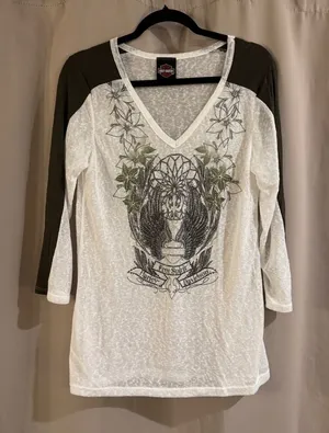 Harley-Davidson White V-Neck Graphic Raglan Tee with Olive Sleeves thumbnail 1