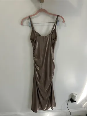 Popilush Metallic Cowl Neck Ruched Midi Dress Bronze thumbnail 5