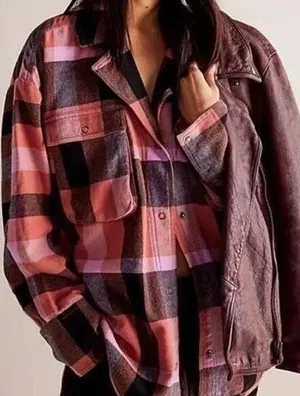 New Izzy Cargo Shirt checkered pink black Free People szS flannel plaid … thumbnail 1