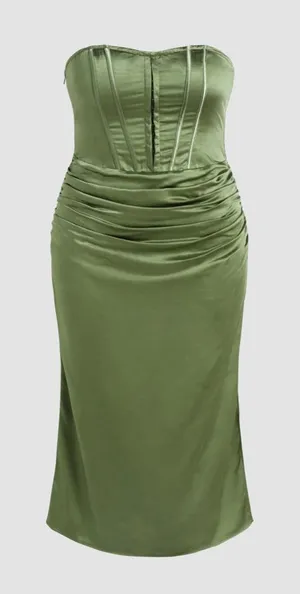 Olive Green Strapless Ruched Smocked Back Maxi Dress: Size 24 thumbnail 1