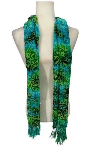 Velvet Burnout Shawl Scarf One‎ Size Silk Blend Fringe Retro Green Blue Vibrant thumbnail 1