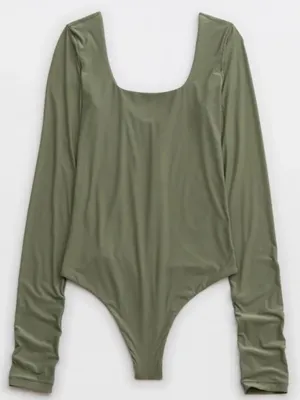 American Eagle aerie SMOOTHEZ Long Sleeve Plunge Bodysuit Olive Green Med thumbnail 3
