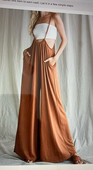 Camel Overall Wide Leg Jumpsuit Brown Size L thumbnail 1