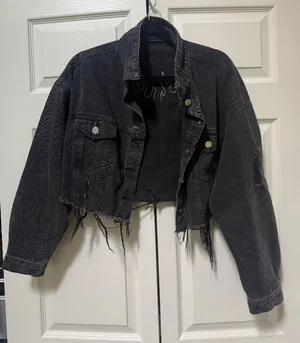 SHEIN Black Flame Distressed Cropped Denim Jacket — Medium thumbnail 1