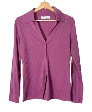 Abercrombie Fitch Merino Wool Ribbed Collared Button Up Top Blouse Purple Size S thumbnail 1