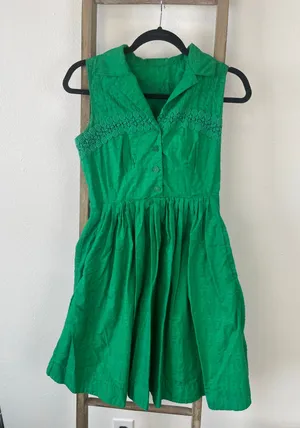 Midi Green Embroidered Teaparty Button Collared Textured Tank Dress Womens S/M thumbnail 1