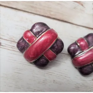 Vintage Clip On Earrings - Dark Purple & Dark Pink - 1" thumbnail 4