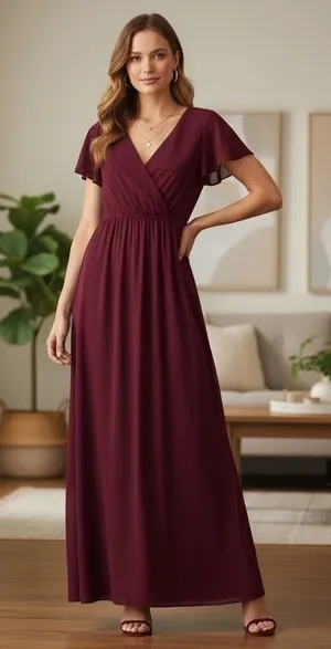 Lulus Burgundy Flutter Sleeve Wrap Maxi Dress Burgundy Size Medium thumbnail 1