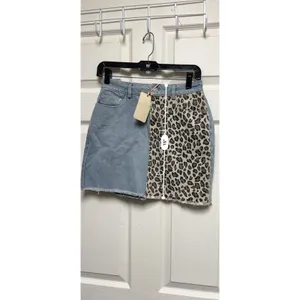 Entro Blue Denim Leopard Print Colorblock Mini Skirt Raw‎ Hem Small NWT thumbnail 5