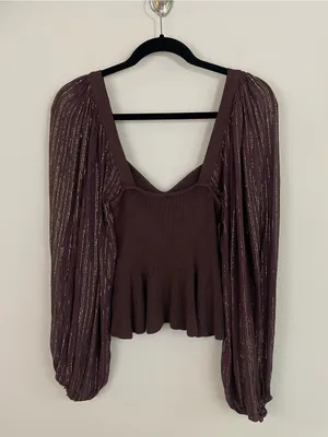 Anthropologie‎ Bl-nk Peplum Twofer Sweater Top Balloon Sleeves Brown Size Small thumbnail 7