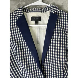 J.Crew Puckered Gingham Blazer Navy White Cotton 1-Button Blazer Jacket Size 6 thumbnail 2