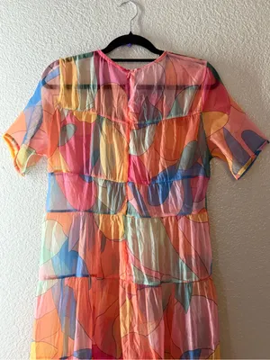 Sheer Multicolor Abstract Print Tiered Maxi Dress Short Sleeve Rainbow Medium thumbnail 12