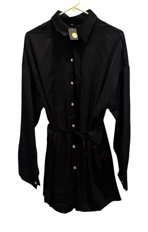 Womens‎ Black Long Sleeve Button Down Shirt Dress Elastic Waist Tie Belt XL thumbnail 1