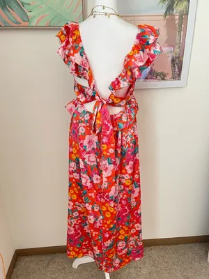 Sugar Lips Satin Floral Ruffle Midi Dress in Medium New thumbnail 10