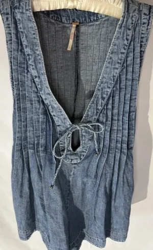 Free People Denim Webster Romper Blue Women's Small Sleeveless Pintuck thumbnail 4