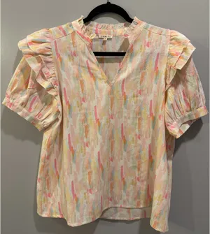 JODIFL Pastel Watercolor Ruffle Detail V-Neck Blouse Cream Multi thumbnail 1