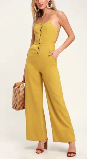 Lulu's Mustard Yellow Spaghetti-Strap Wide-Leg Jumpsuit thumbnail 1