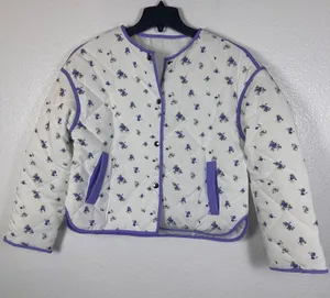 SHEIN Violet Floral‎ Quilted Puffer Jacket White Purple H4E211 Womens Medium thumbnail 1