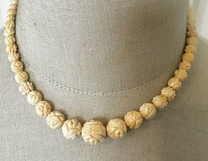 Vintage Hand-Carved Bone Bead Necklace with Floral Detail thumbnail 1