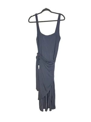 👗 Wilfred Draped Wrap Midi Dress XL Ruched Side Asymmetrical Hem Blue 👗 thumbnail 2