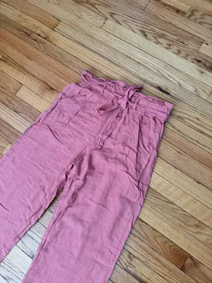 Thread & Supply Linen Pleated Belt Paperbag High Waist Wide Trousers Sz L Rose Pink crinkle texture tie waistband ruffled flowy coastal thumbnail 2
