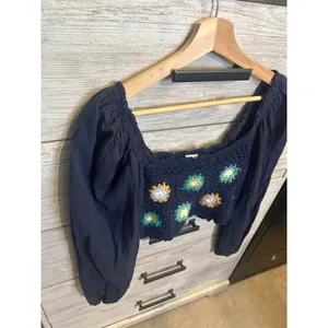Aerie Navy Blue Crochet Granny Square Floral Puff Sleeve Crop Top Small thumbnail 3